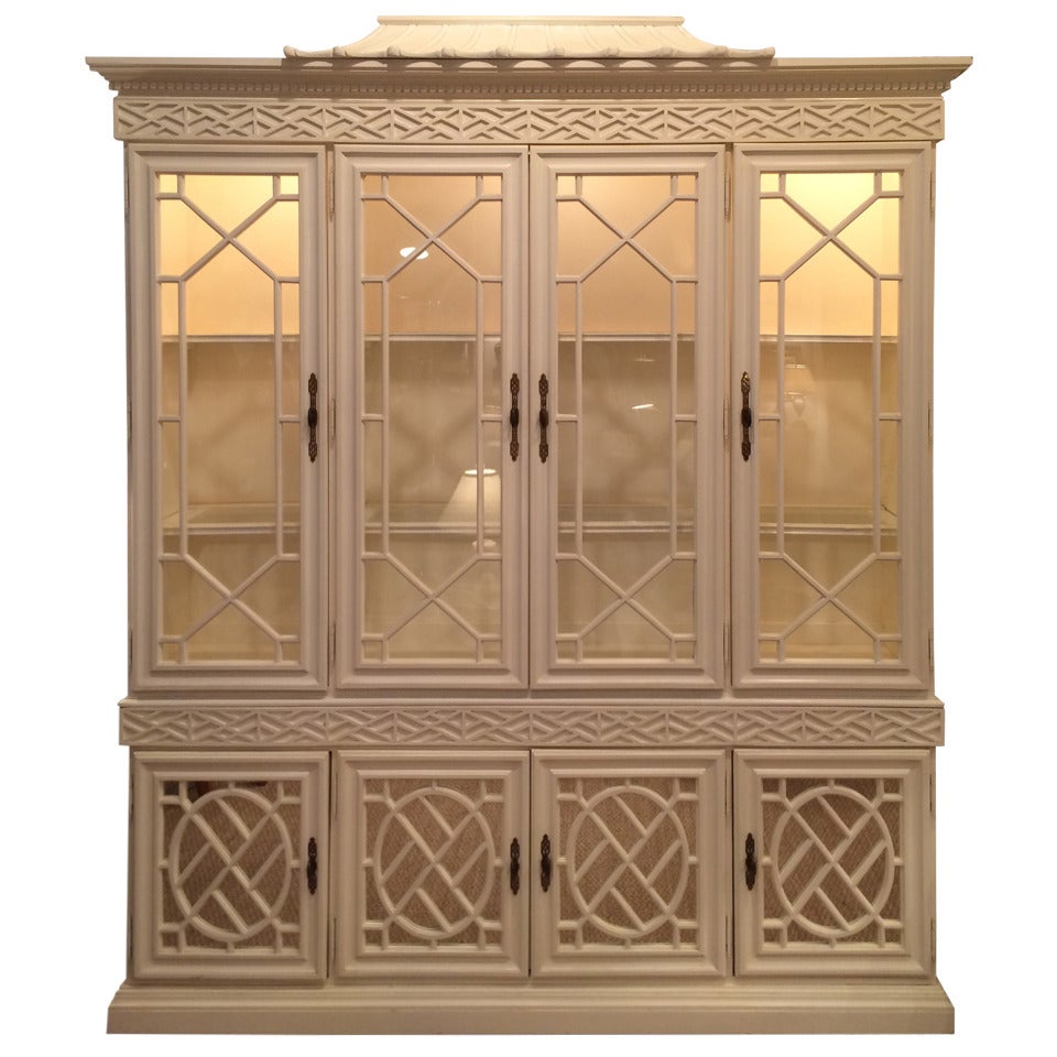 Hollywood Regency Chippendale Style White Laquer Cabinet