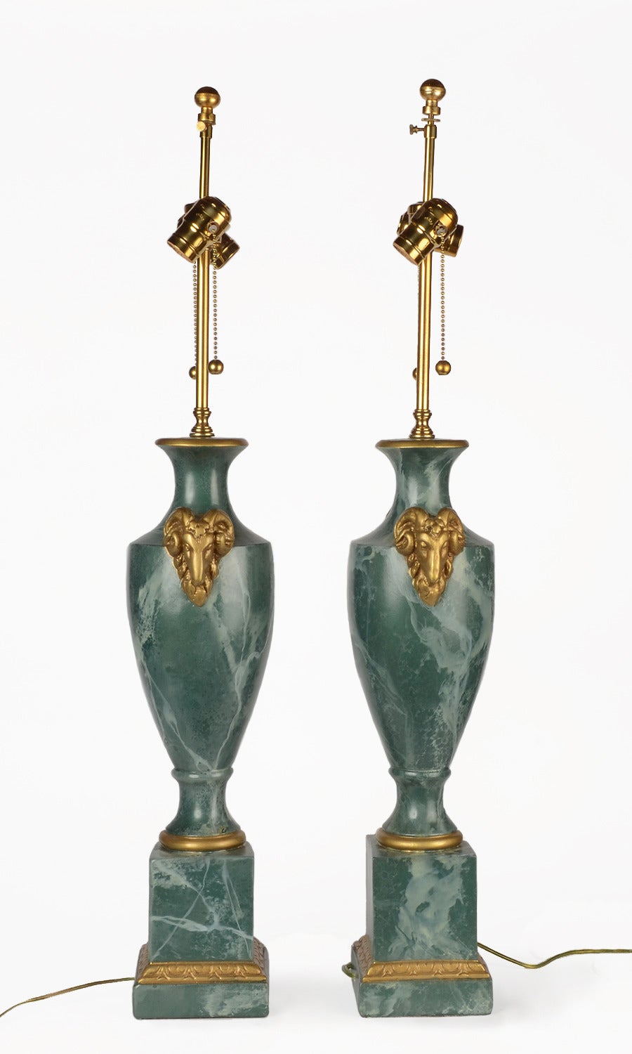 Green marble faux painted ceramic & brass, glamorous Hollywood Regency style table lamps. Marked Buatta for Cooper.
Bases are 5