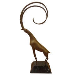 Modern Brass Ibex Sculpture on Custom Marble Base