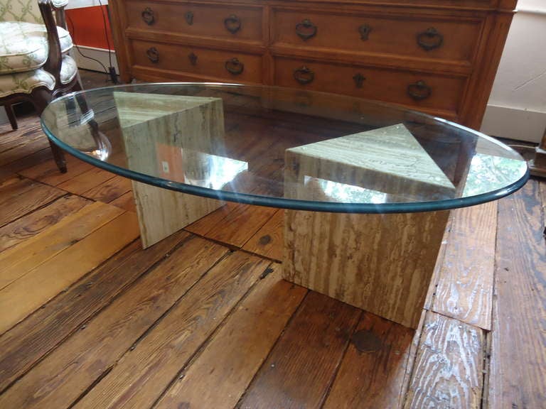 Midcentury Modern Oval Glass and Travertine Coffee Table