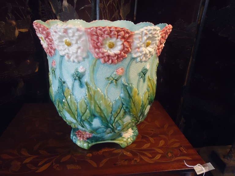 Magical color palette with torquoise, light green, and soft pink.  This majolica bowl planter pops with the beauty of Spring.  European--either French or Belgian.  Early 20th C