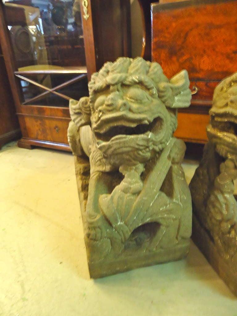 Pair of Ming Period Grey Stone Carved Foo Dogs In Excellent Condition In Hopewell, NJ