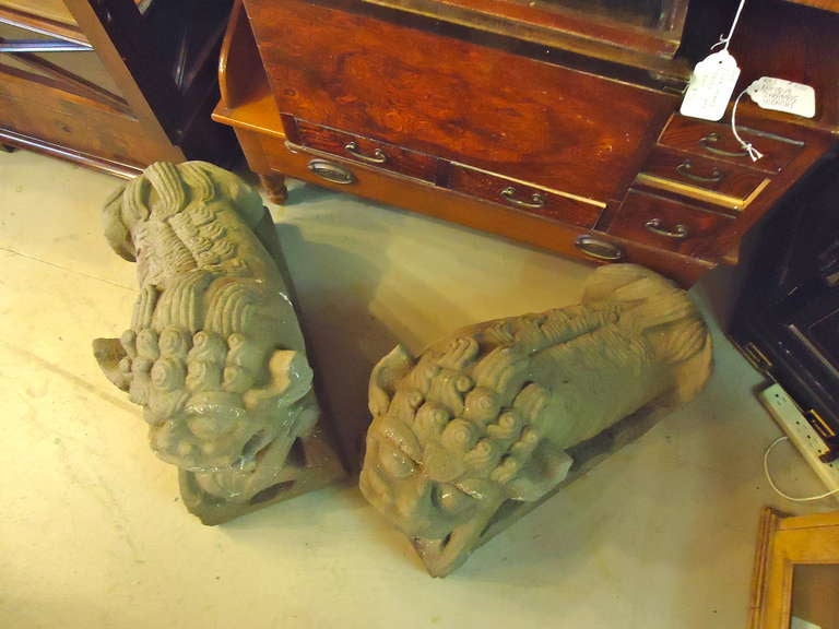 Pair of Ming Period Grey Stone Carved Foo Dogs 1