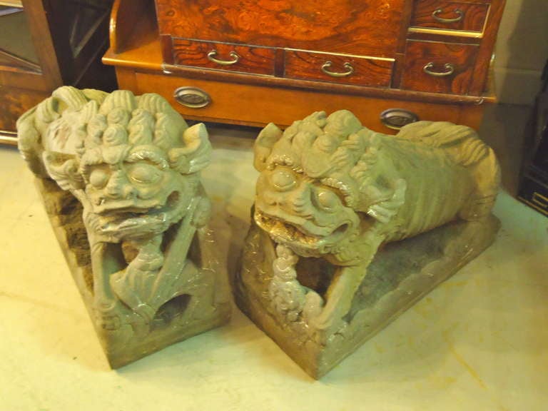 Pair of Ming Period Grey Stone Carved Foo Dogs 3
