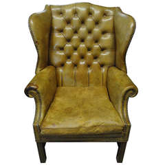 George III Style Old Distressed Leather Tufted Wing Chair