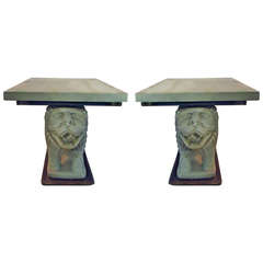 Pair of 19th Century Limestone Lion Endtables