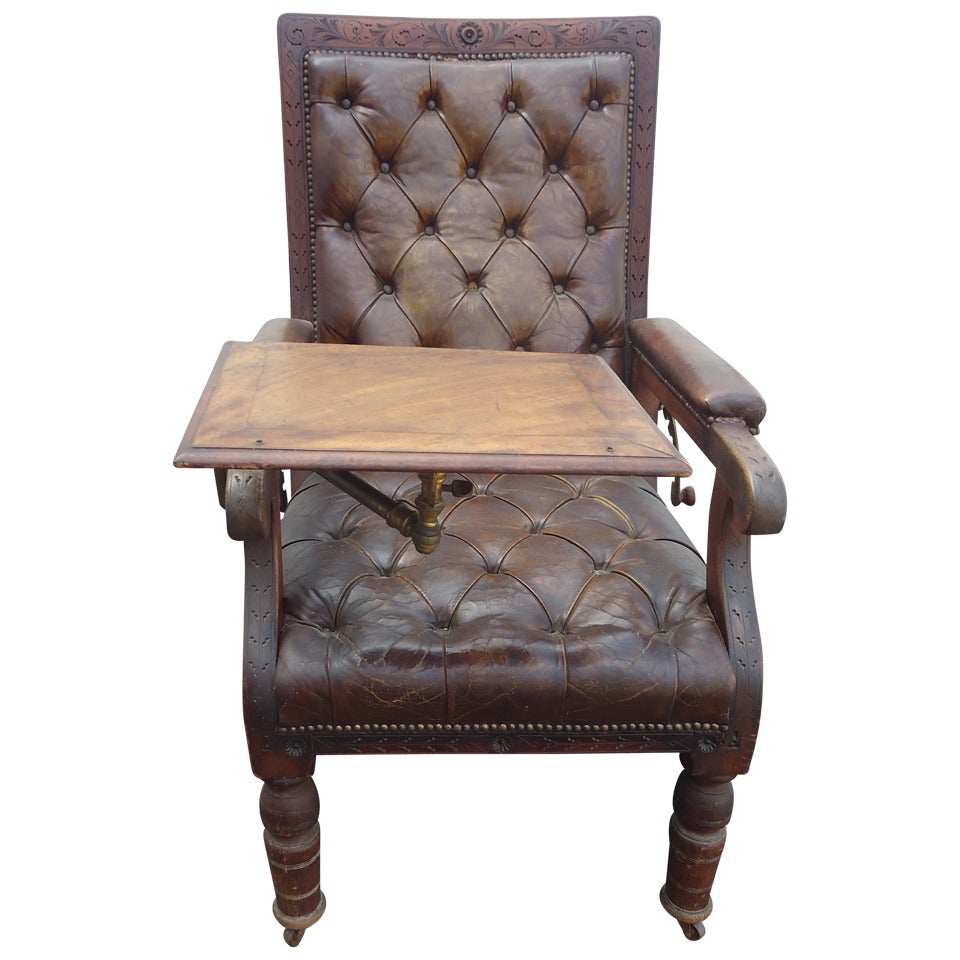 Distressed Irish Mechanical Leather and Carved Wood Reading Chair