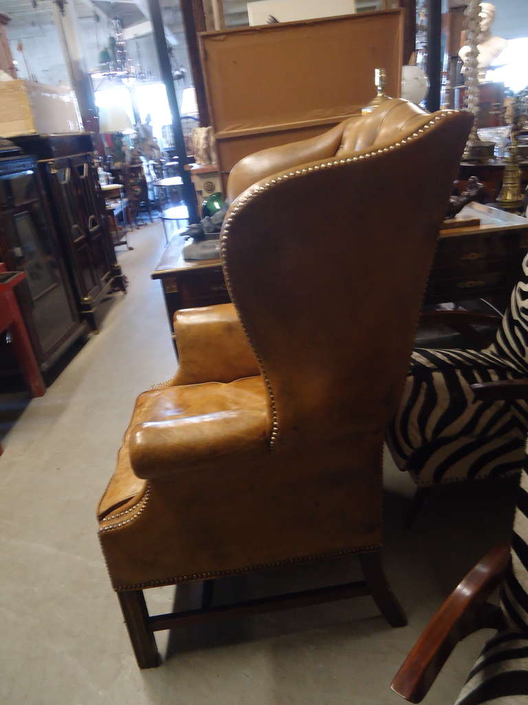 English George III Style Old Distressed Leather Tufted Wing Chair