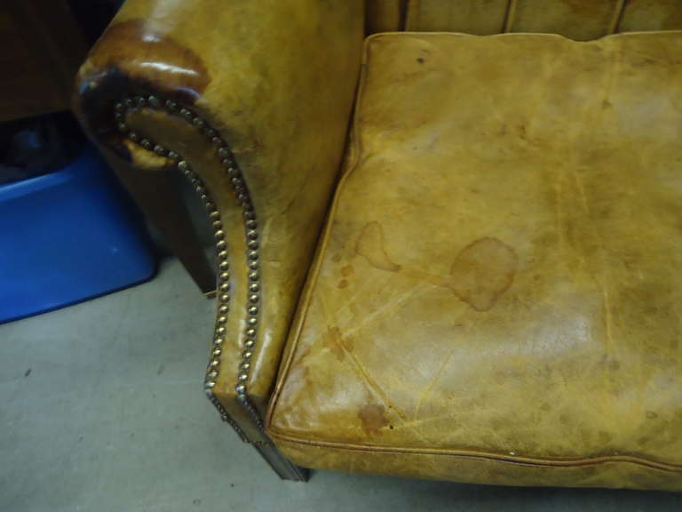 George III Style Old Distressed Leather Tufted Wing Chair 2