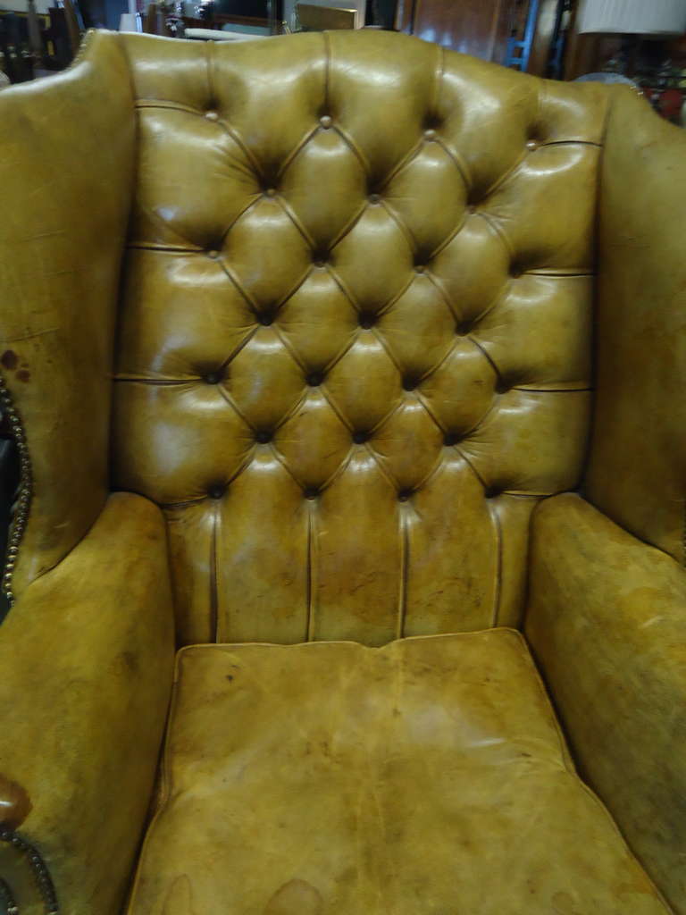 George III Style Old Distressed Leather Tufted Wing Chair 3