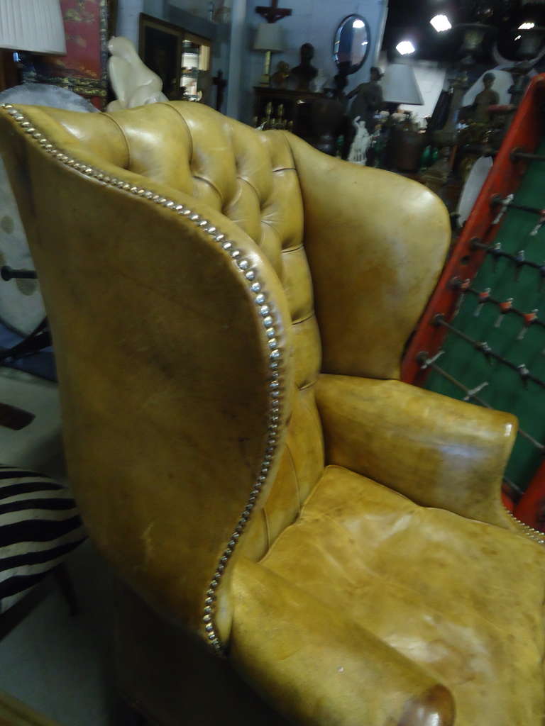 George III Style Old Distressed Leather Tufted Wing Chair 1