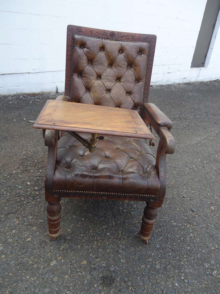 19th century reading chair loaded with character; incised decorated oak crest rail, walnut adjustable lap desk --16