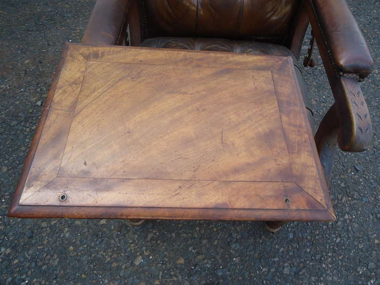 19th Century Distressed Irish Mechanical Leather and Carved Wood Reading Chair