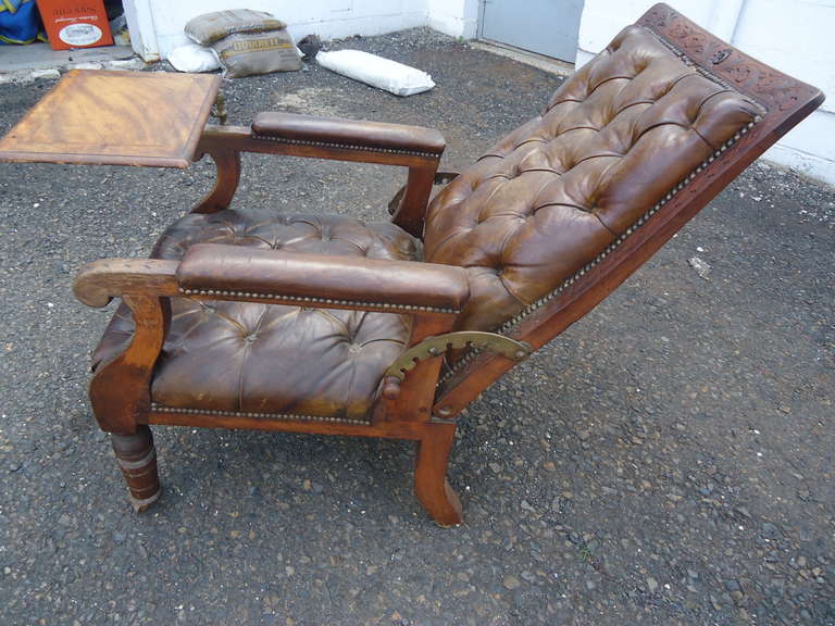 Distressed Irish Mechanical Leather and Carved Wood Reading Chair 1