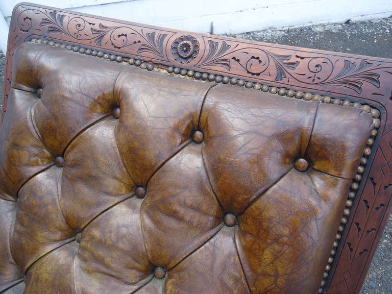 Oak Distressed Irish Mechanical Leather and Carved Wood Reading Chair