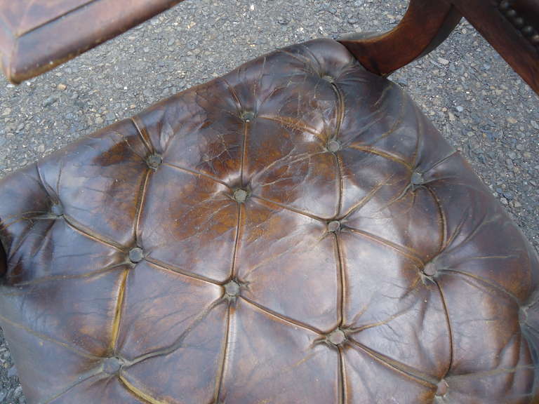 Distressed Irish Mechanical Leather and Carved Wood Reading Chair 3