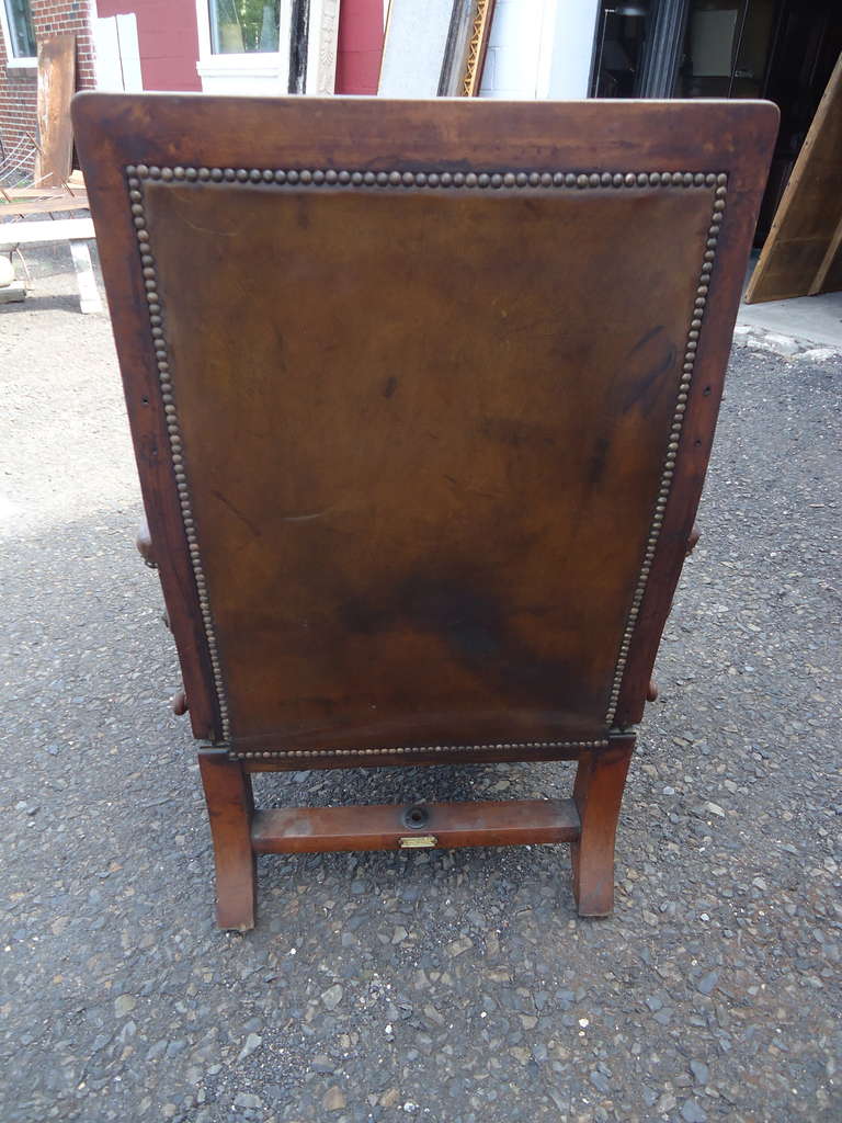 Distressed Irish Mechanical Leather and Carved Wood Reading Chair 4