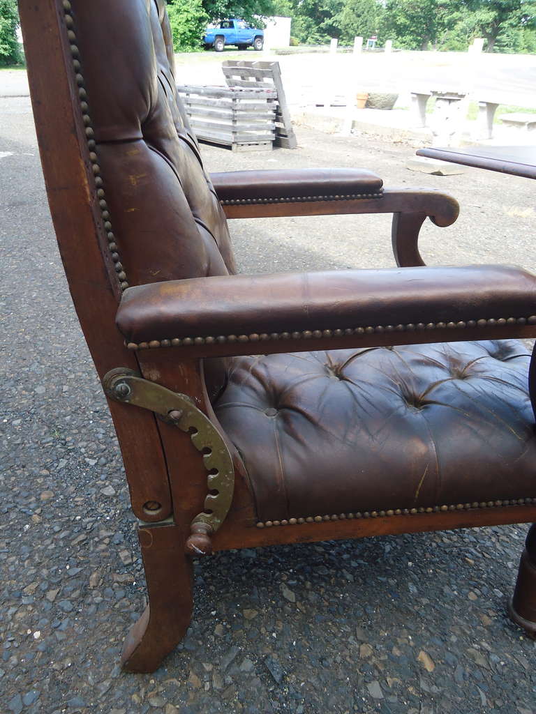 Distressed Irish Mechanical Leather and Carved Wood Reading Chair 2
