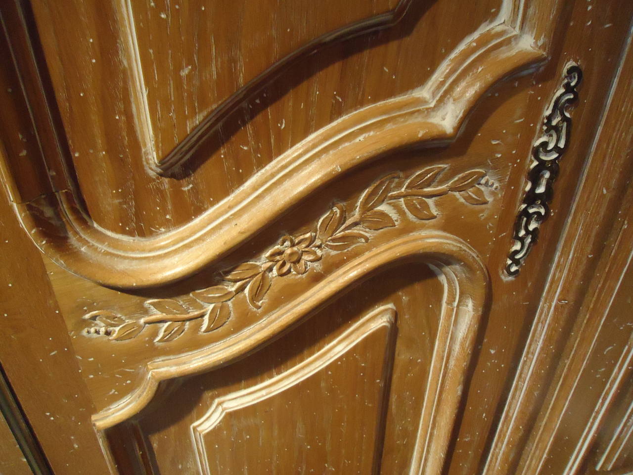 French Provincial Antique Pickled Carved Wood Italian Armoire
