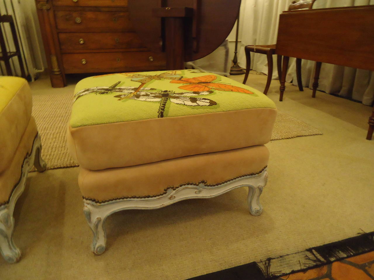 Spectacular Pair of Custom French Butterfly Motif Ottomans In Excellent Condition In Hopewell, NJ