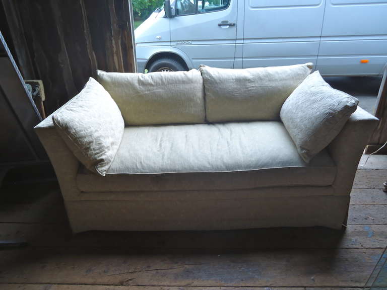 Two plush down sofas, custom made and covered with cotton damask.
Seat height  17.5
Seat depth 25