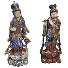 Pair of Carved Wood Asian Geishas Sculptures
