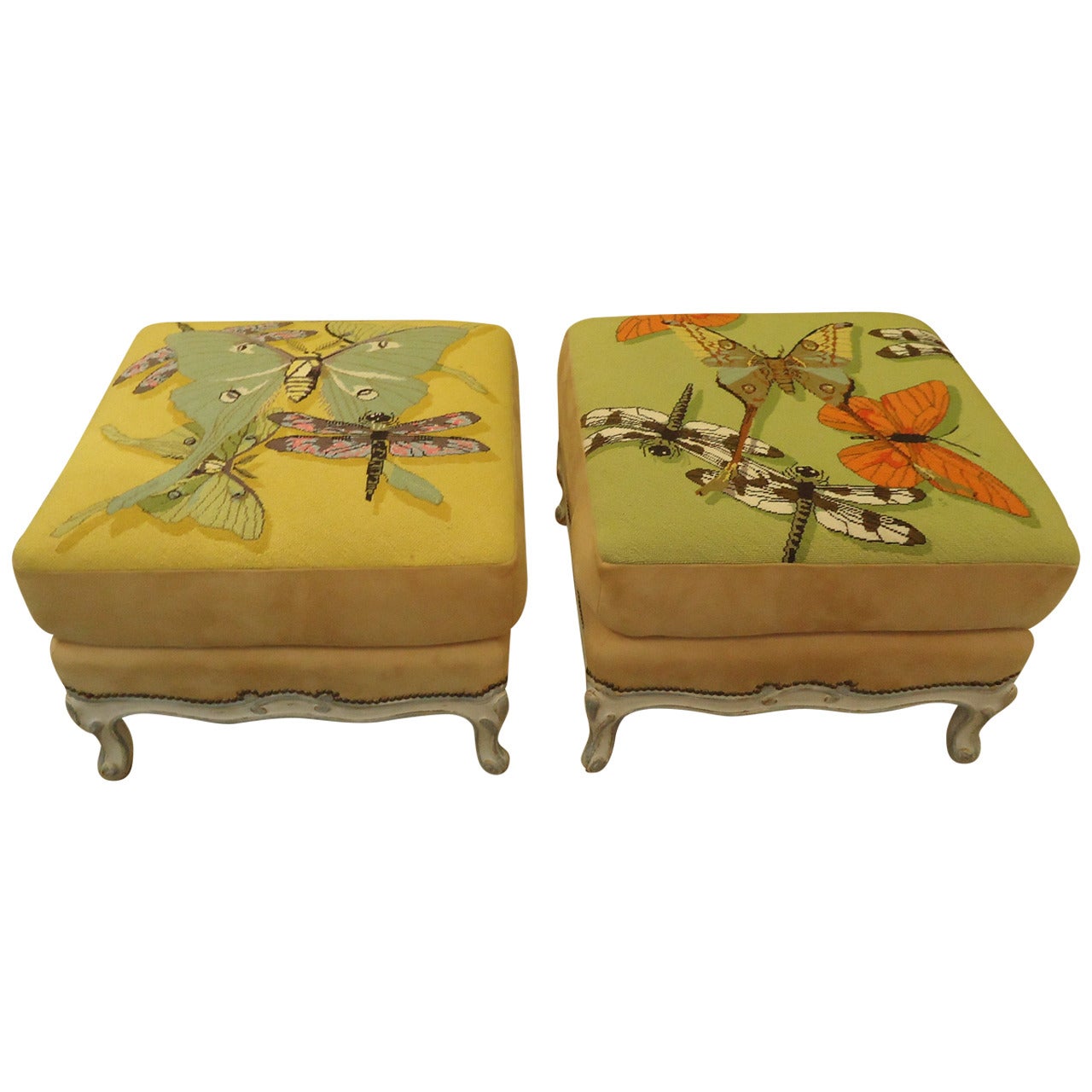 Spectacular Pair of Custom French Butterfly Motif Ottomans