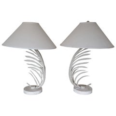 Vintage Pair of Iron Palm Leaf Table Lamps