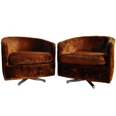 Pair Brown Mohair Barrel Back Swiveling and Rocking Club Chairs