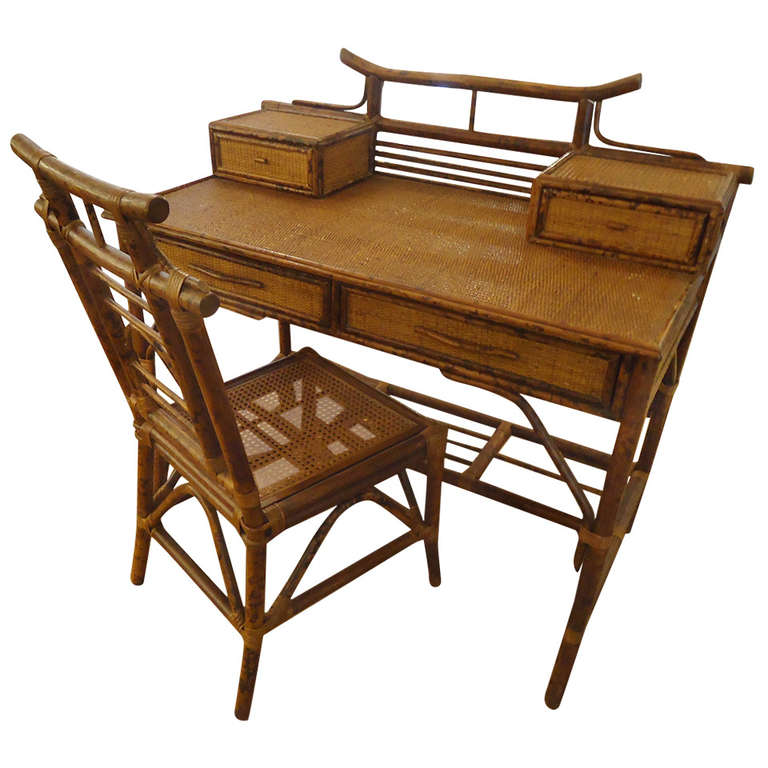 Faux Bamboo And Rattan Writing Desk And Chair At 1stdibs