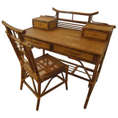 Antique Faux Bamboo and Rattan Writing Desk and Chair