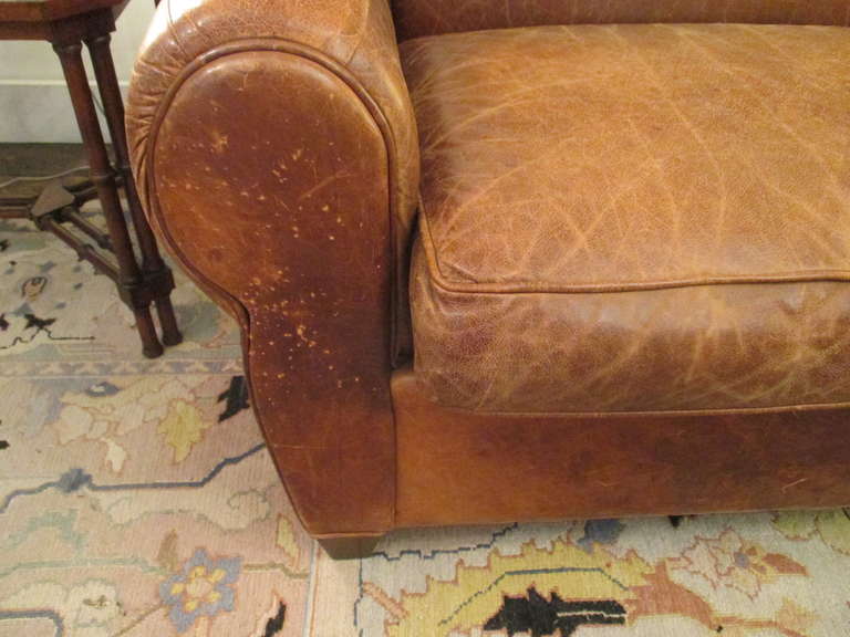 Handsome Distressed Leather Sofa In Good Condition In Hopewell, NJ