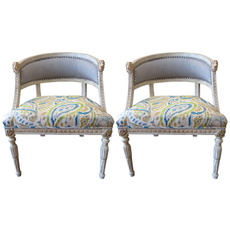 Pair of Swedish Bergeres with Pony hair and Fabric Upholstery
