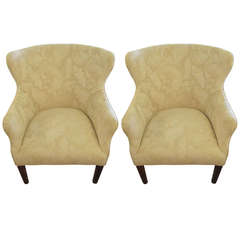 Pair of 1940s Armchairs in Cream Damask