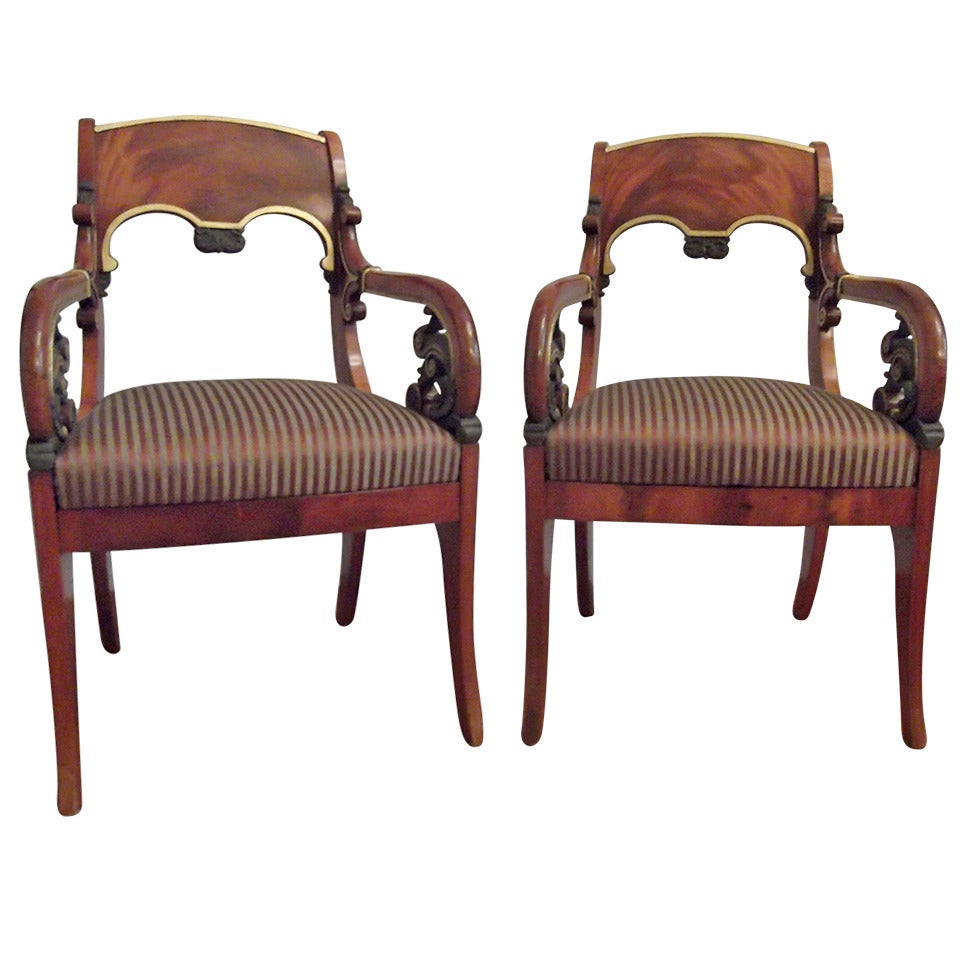Magnificent Pair of Russian Empire Yew Wood Armchairs