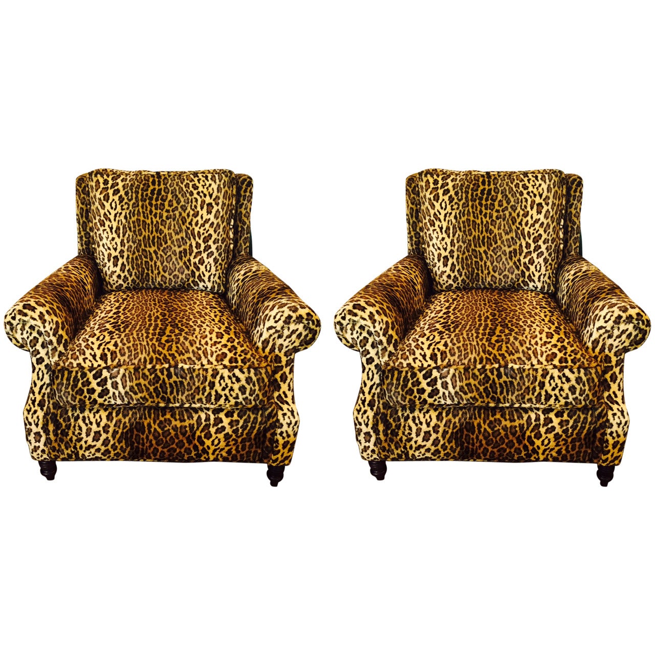 Pair of Luscious Leopard Upholstered Custom Club Chairs
