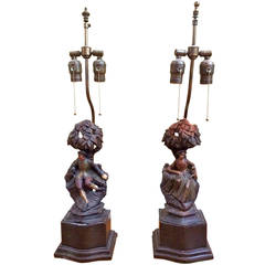 Pair of Gorgeous Antique Figural Carved Wood Lamps