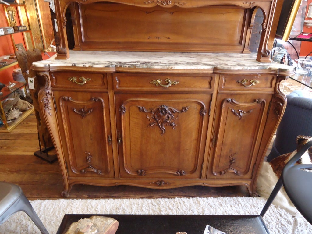 Beautiful 2 tier French Buffet Sideboard from Brittany region, 
Walnut, bevelled glass on top and mirrored back; marble countertop
40