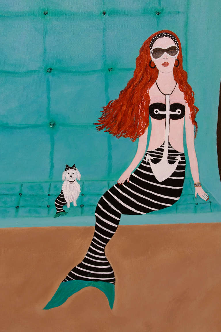 What would the underwater living room of the Paris Hilton of Mermaids look like? This painting is the fantasy answer to that question. Bold, contemporary and fun, the red headed mermaid wears Dolce Gabbana sunglasses, an anchor themed outfit, with