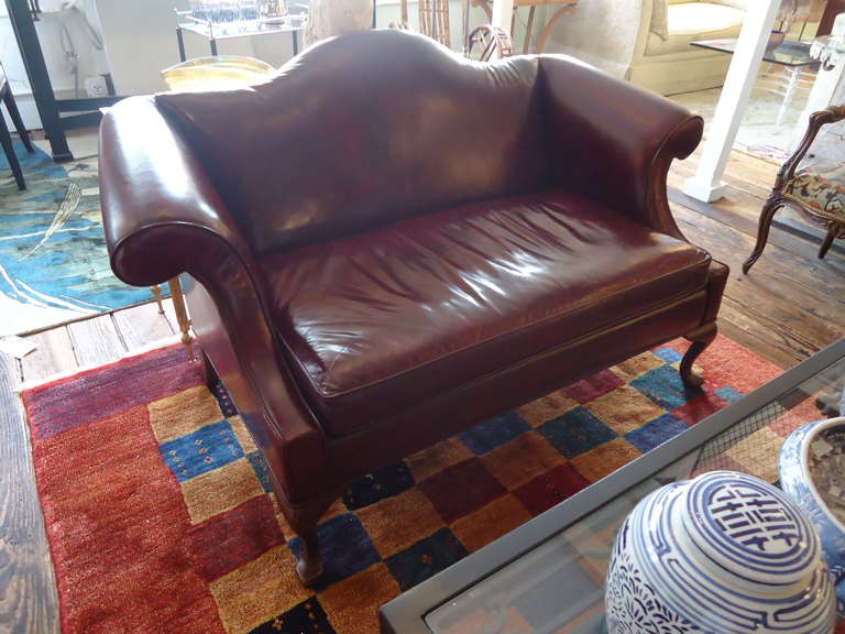 Rich Maroon Leather Camelback Loveseat