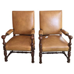 Pair of Leather and Mahogany Armchairs