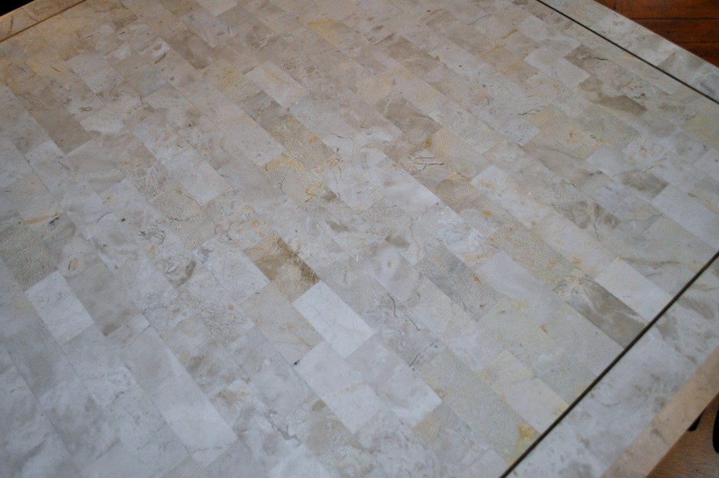 Tessellated Fossil Stone & Brass Inlaid Coffee Table