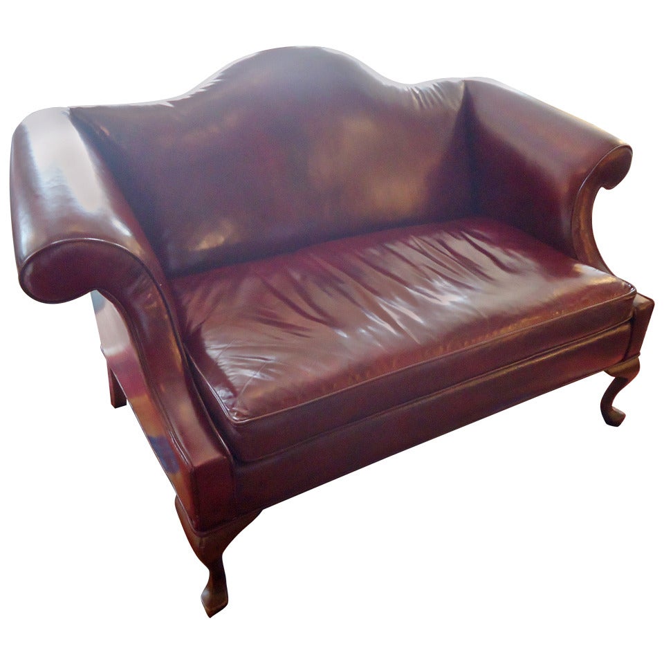 Rich Maroon Leather Camelback Loveseat