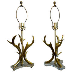 Pair of Very Dramatic Brass Antler Motif Lamps on Lucite Bases 6