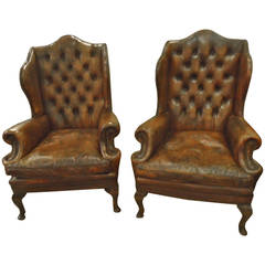 Sublime Pair of Chocolate Leather Tufted Wing Chairs