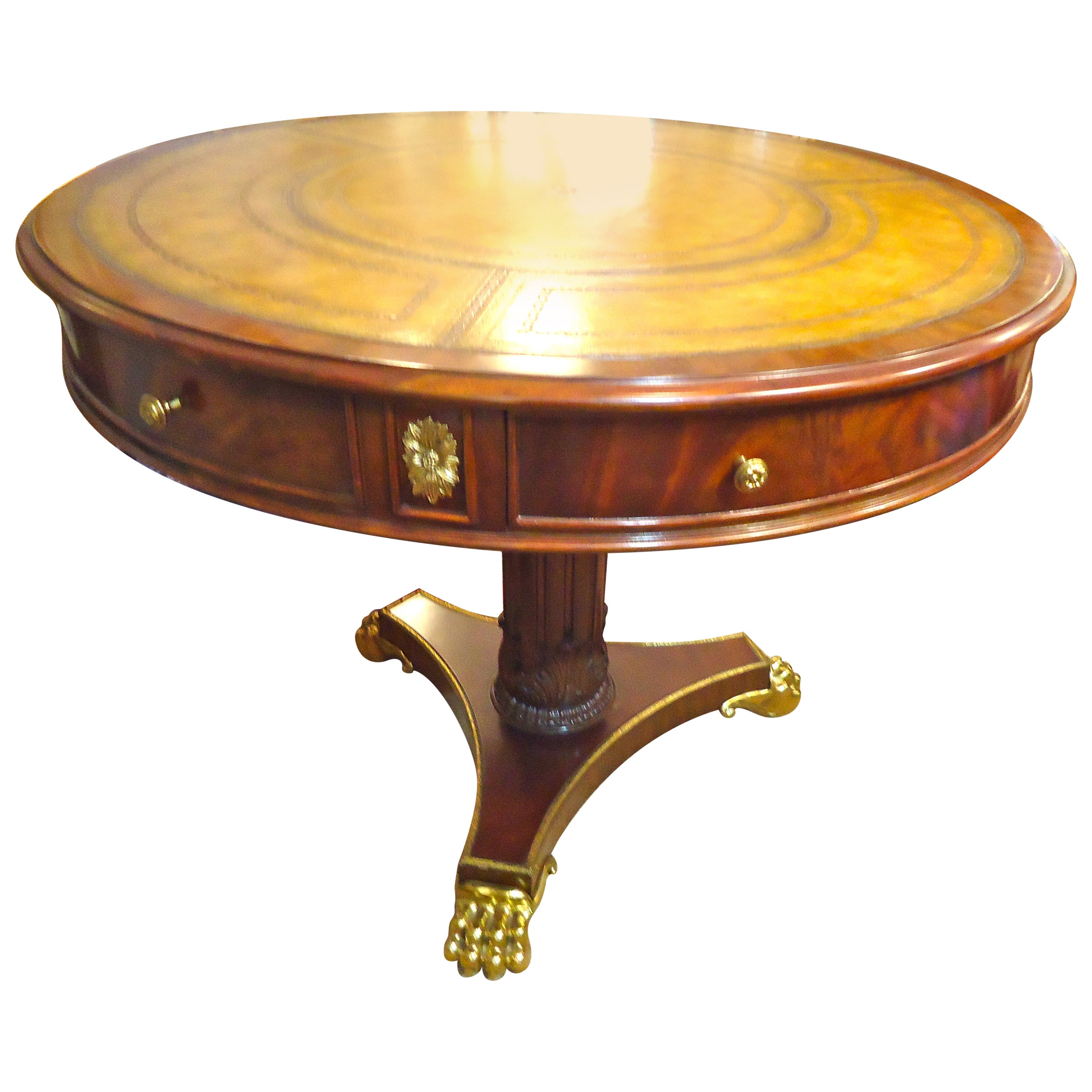 Traditional Round Mahogany and Tooled Leather Center Hall Table