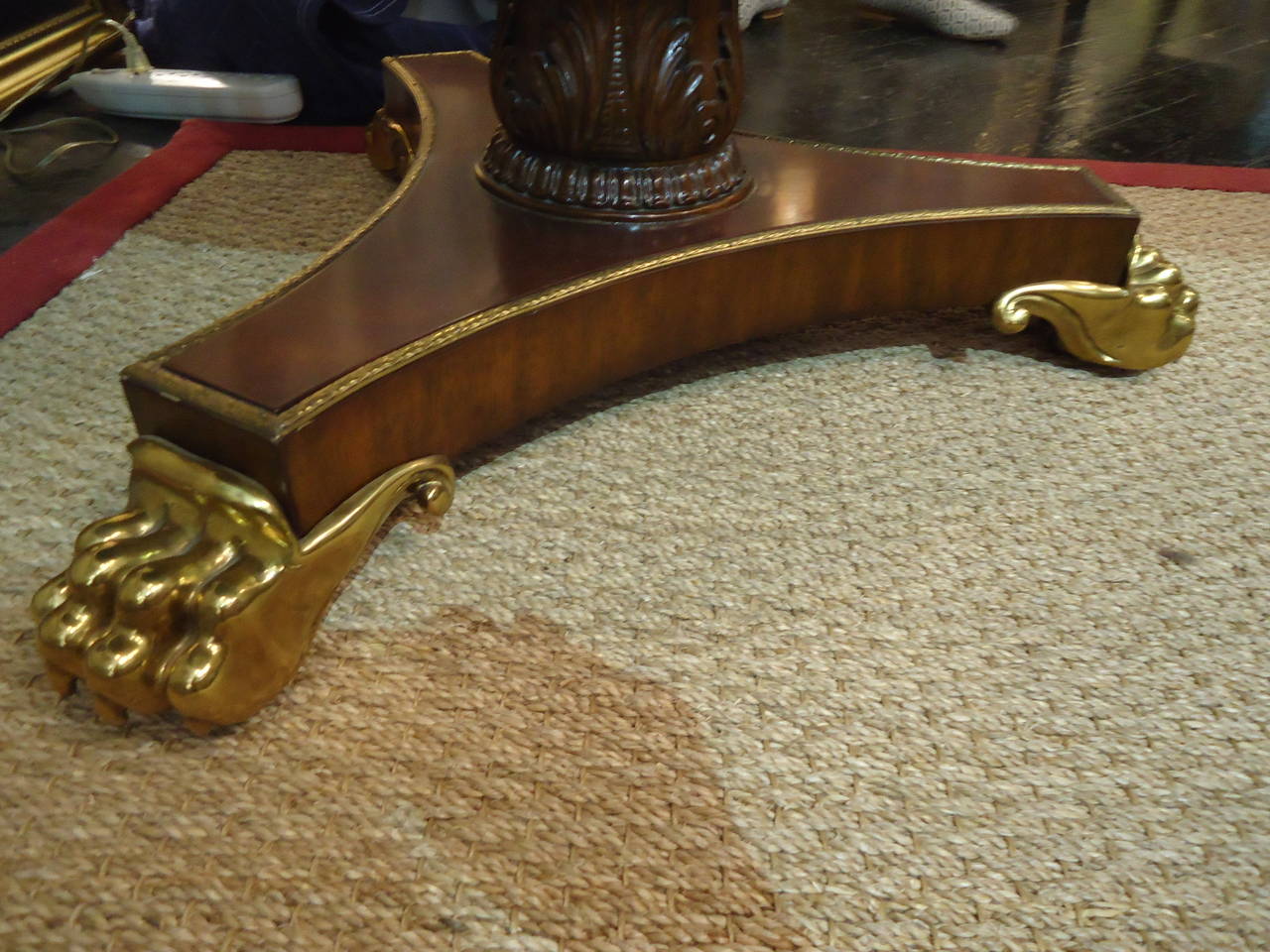 American Traditional Round Mahogany and Tooled Leather Center Hall Table