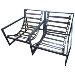 Used Rare Pair of Conveyor Belt Iron Industrial Armchairs