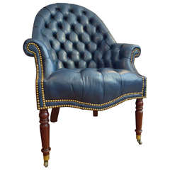 Retro Classic Blue Ralph Lauren-Style Leather-Tufted Library Chair