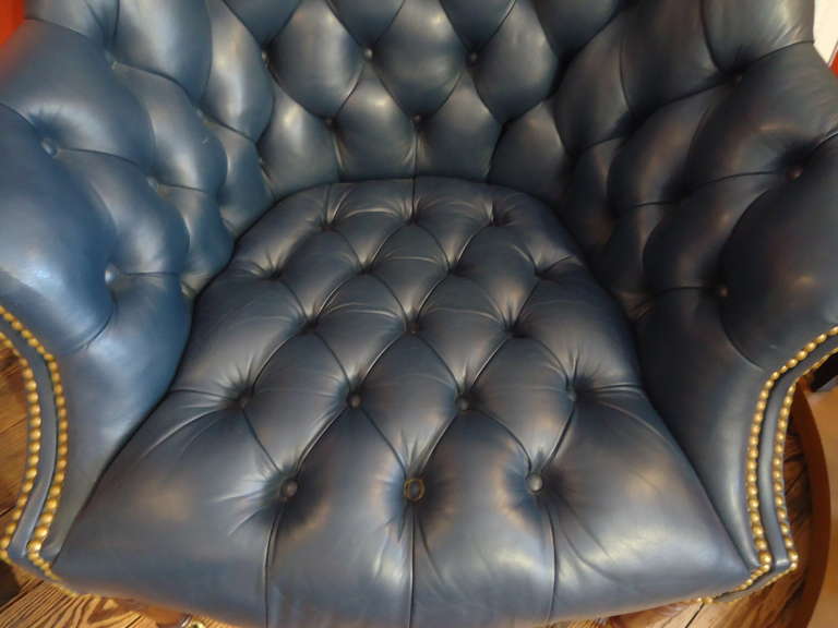 Classic Blue Ralph Lauren-Style Leather-Tufted Library Chair 1